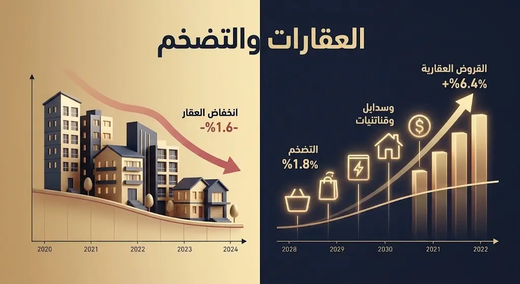 تصميم بياني يقارن بين تراجع مؤشر أسعار العقارات بنسبة 1.6% وارتفاع معدل التضخم بنسبة 1.8%
