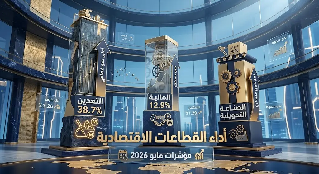 إنفوجرافيك ثلاثي الأبعاد يوضح نمو القطاعات الاقتصادية في مايو 2026، مبرزاً تصدر قطاع التعدين بنسبة 38.7% يليه القطاع المالي.