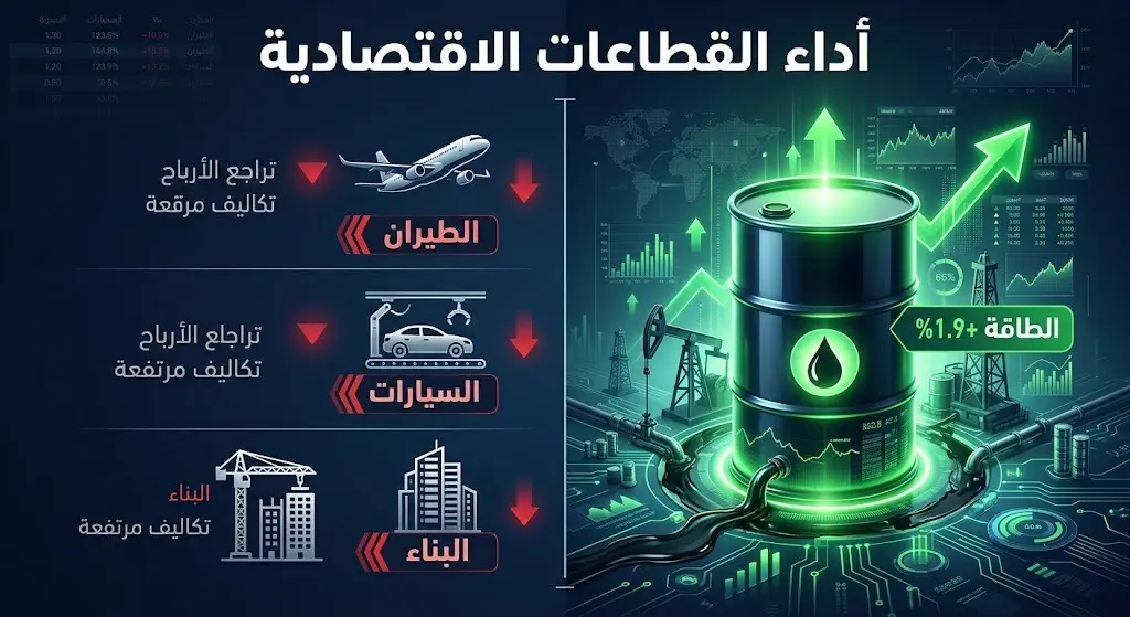 تصميم بصري يقارن بين صعود قطاع الطاقة وتراجع قطاعات الطيران والسيارات والبناء