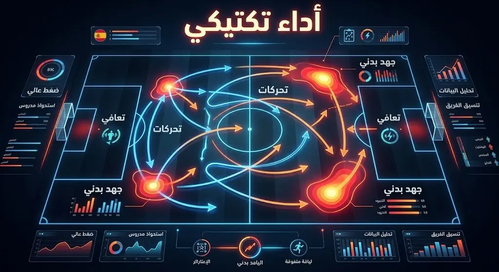 إنفوجرافيك تكتيكي يبرز خطة اللعب والجهد البدني العالي للمنتخب الإسباني ومسارات تحرك اللاعبين ومناطق الضغط