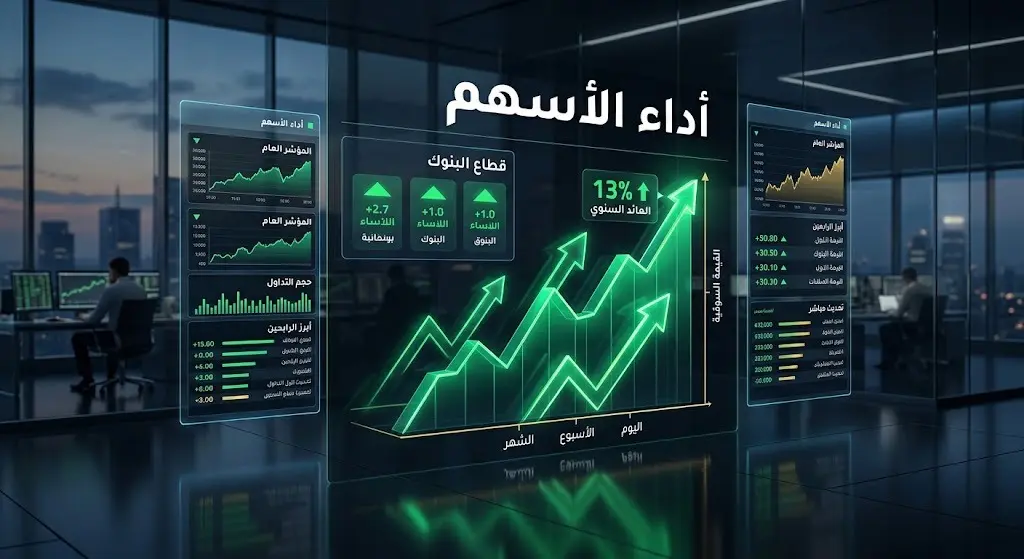 شاشة رقمية لمؤشرات أسواق المال تبرز الاتجاه الصاعد للأسهم ونمو أرباح مصرف الراجحي بنسبة 13 بالمائة.
