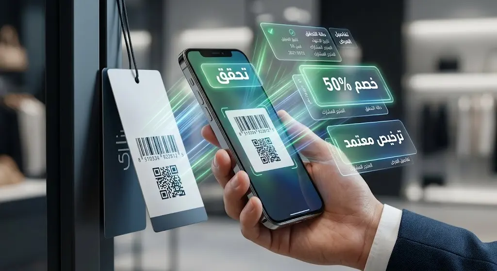 مشهد تعبيري لمتسوق يستخدم هاتفه الذكي لمسح باركود تخفيضات للتحقق من صحة الترخيص ونسبة الخصم عبر تقنية الواقع المعزز.