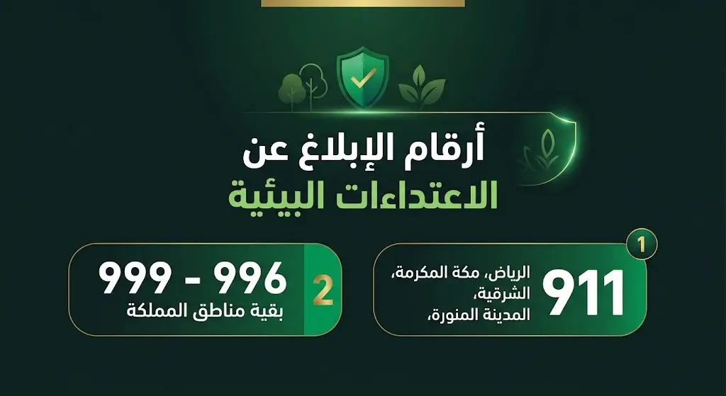 إنفوجرافيك يوضح أرقام الطوارئ المخصصة للإبلاغ عن المخالفات والاعتداءات البيئية في مناطق المملكة العربية السعودية