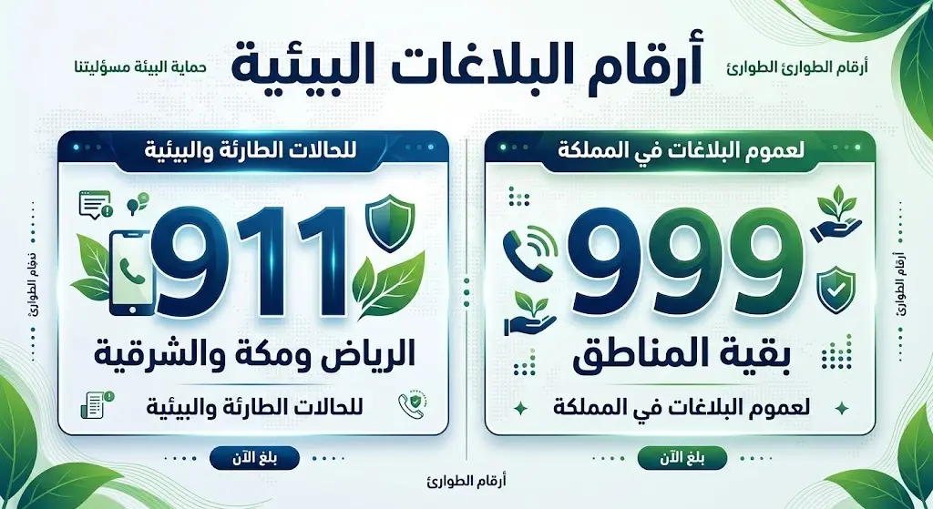 تصميم معلوماتي يستعرض أرقام قنوات الاتصال للإبلاغ عن المخالفات البيئية في مناطق المملكة المختلفة.