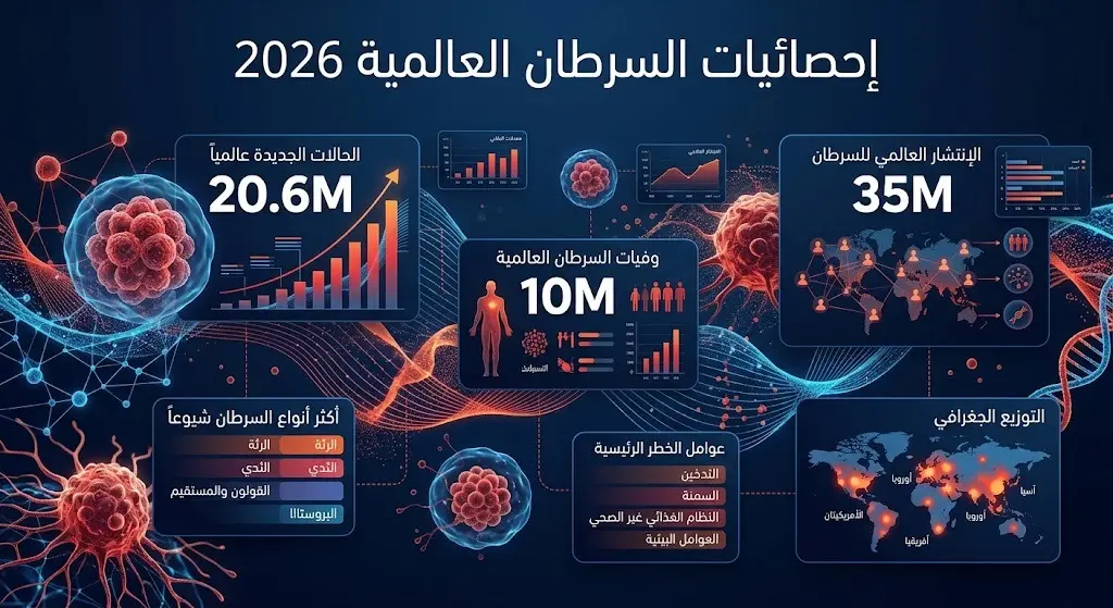 إنفوجرافيك بياني يعرض إحصائيات التقرير العالمي للسرطان لعام 2026، متضمناً أعداد الإصابات الجديدة والوفيات السنوية والتوقعات لعام 2050.