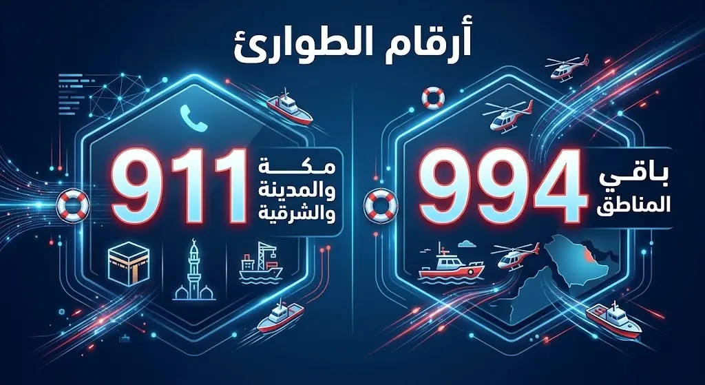 تصميم بصري يوضح أرقام طوارئ حرس الحدود 911 و 994 والمناطق المخصصة لكل رقم