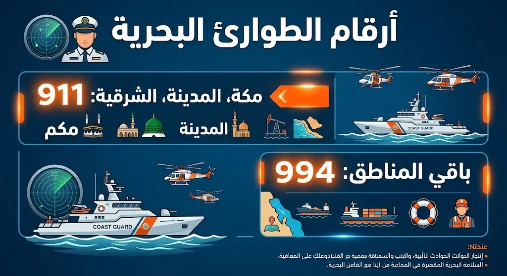 إنفوجرافيك بياني يوضح أرقام الطوارئ البحرية في المملكة العربية السعودية مقسمة حسب المناطق.