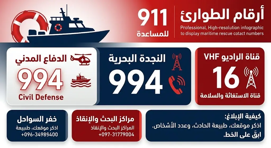 بطاقة معلوماتية تعرض أرقام طوارئ حرس الحدود في المملكة العربية السعودية (911 و 994) لطلب المساعدة.