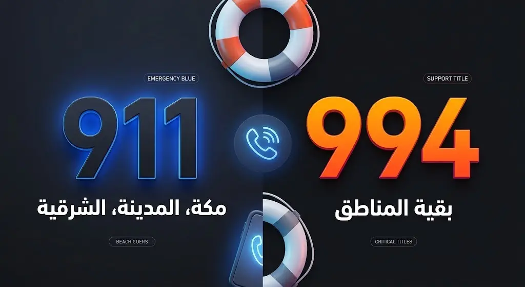 بطاقة معلومات بصرية توضح أرقام الطوارئ لمرتادي الشواطئ في السعودية، 911 لمناطق مكة والمدينة والشرقية و994 لبقية المناطق