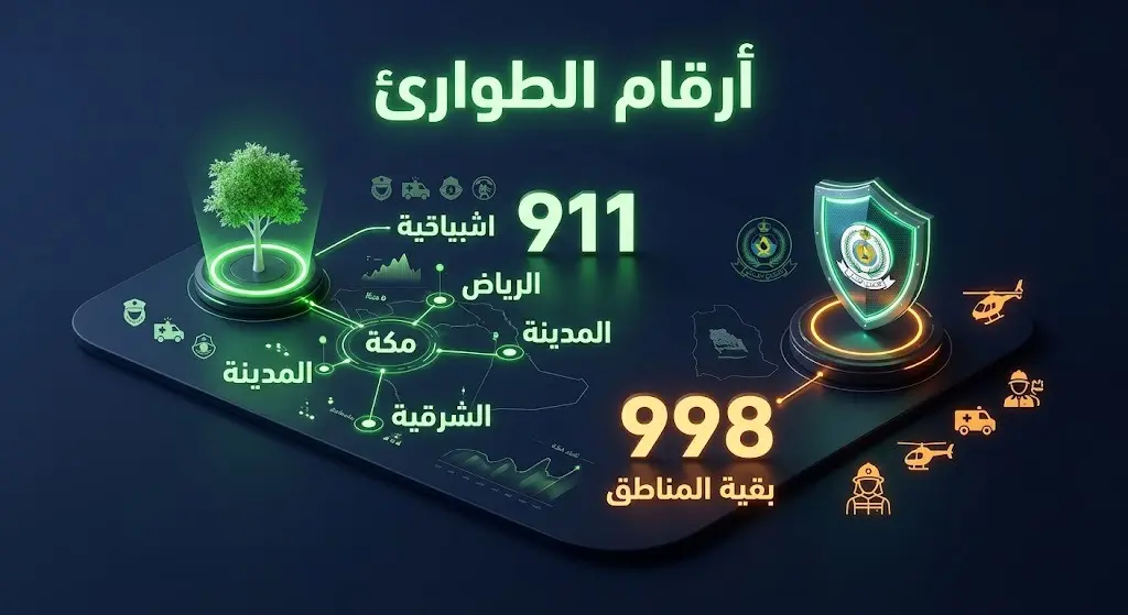 إنفوجرافيك احترافي يعرض أرقام الطوارئ المخصصة للإبلاغ عن المخالفات البيئية وحرائق الغطاء النباتي، مبيناً الرقم 911 لأربع مناطق رئيسية و998 لبقية المناطق.