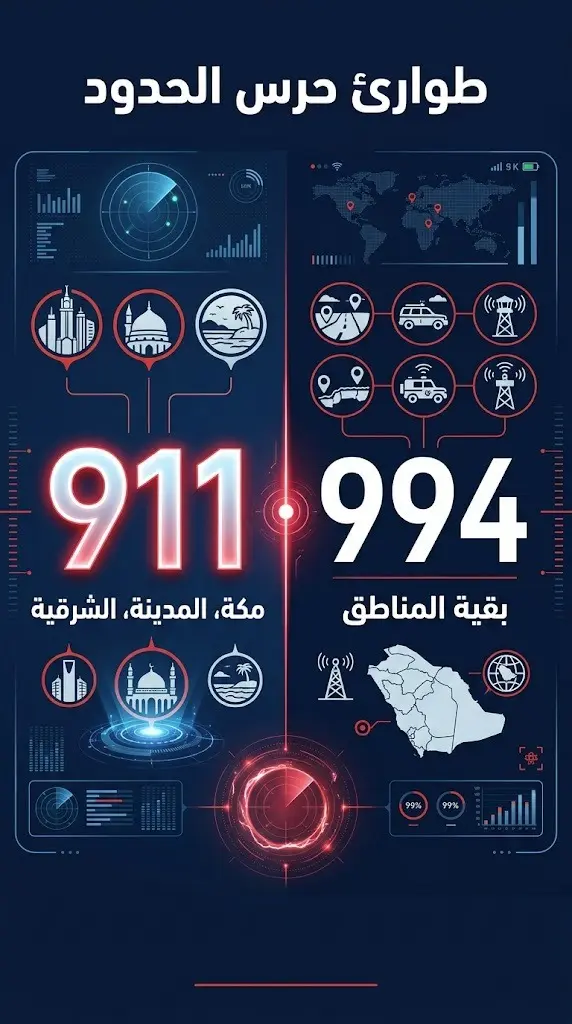 بطاقة معلومات بصرية توضح أرقام طوارئ حرس الحدود: 911 لمناطق مكة والمدينة والشرقية، و994 لبقية المناطق.
