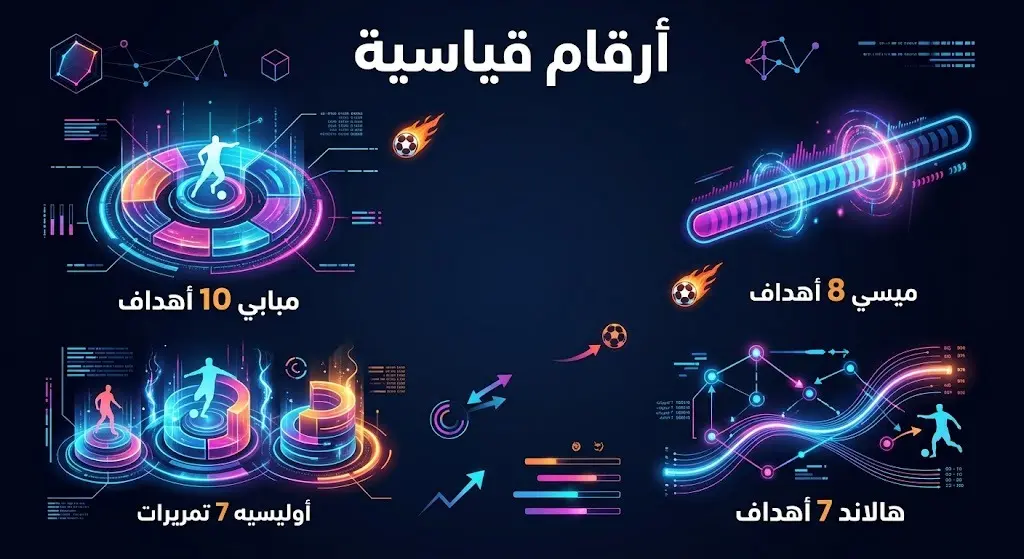 إنفوجرافيك رياضي إحصائي يبرز الأرقام القياسية لنجوم الهجوم والوسط مثل أهداف مبابي وميسي وهالاند