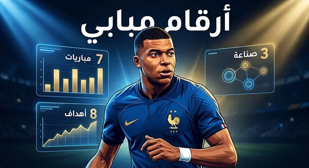 إنفوجرافيك يستعرض أرقام وإحصائيات المهاجم الفرنسي كيليان مبابي في كأس العالم 2026، يتضمن عدد المباريات، الأهداف، والتمريرات الحاسمة.