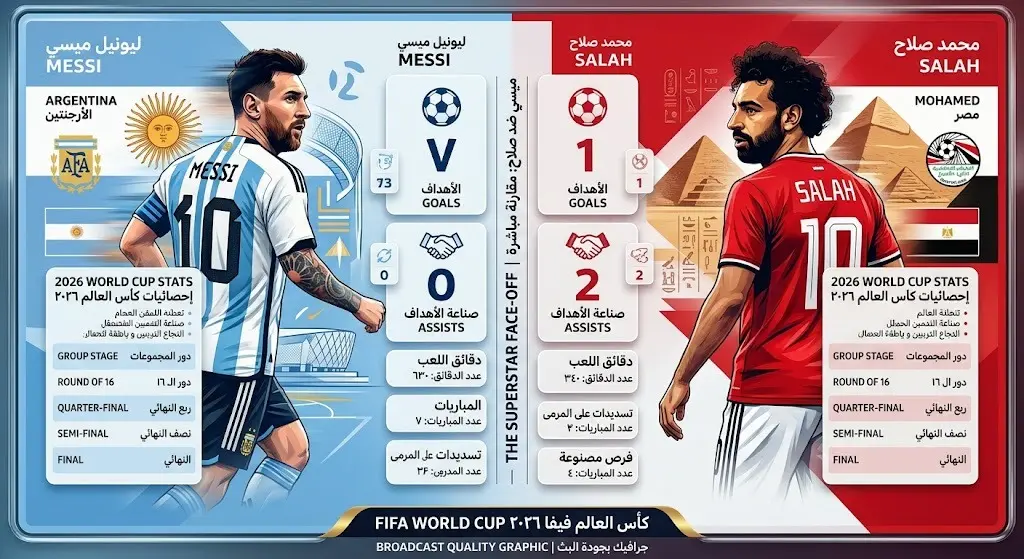 إنفوجرافيك احترافي يقارن بين أرقام ليونيل ميسي ومحمد صلاح في كأس العالم 2026، يوضح عدد الأهداف والتمريرات الحاسمة لكل لاعب بتصميم عصري مقسم بين ألوان الأرجنتين ومصر.
