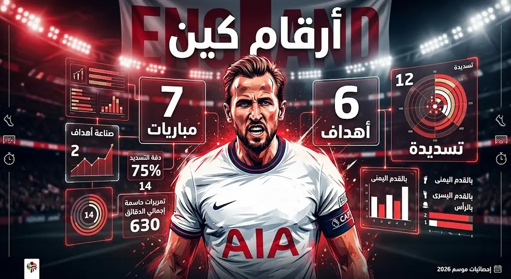 إنفوجرافيك يوضح إحصائيات المهاجم الإنجليزي هاري كين في مونديال 2026، يبرز عدد الأهداف والتسديدات والمباريات.