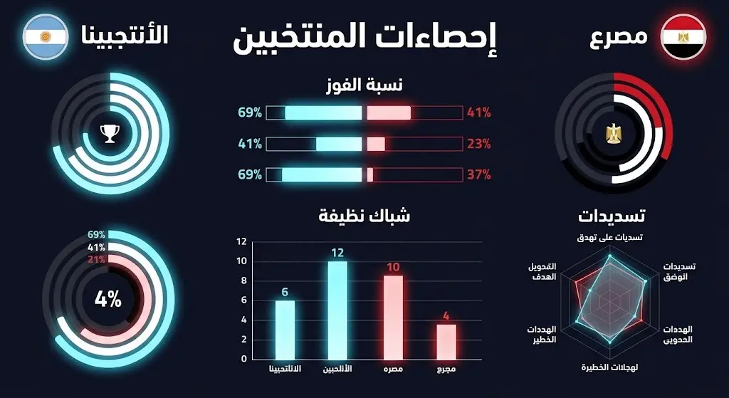 تصميم بياني مقارن يستعرض إحصاءات منتخبي مصر والأرجنتين من حيث نسبة الانتصارات والتسديدات والشباك النظيفة.
