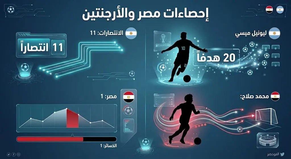 إنفوجرافيك احترافي يعقد مقارنة بين إحصاءات وأرقام منتخبي مصر والأرجنتين، متضمناً أبرز أرقام اللاعبين مثل ميسي وصلاح.