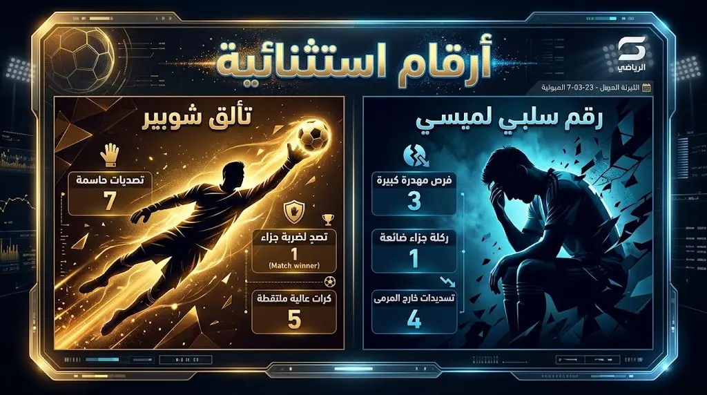 إنفوجرافيك يستعرض أبرز الأرقام القياسية من المباراة، بما في ذلك تصديات شوبير الاستثنائية وإهدار ميسي لركلات الجزاء.