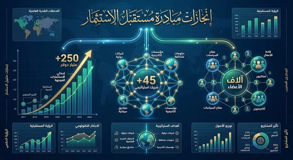 إنفوجرافيك يستعرض أرقام وإنجازات مؤسسة مبادرة مستقبل الاستثمار مثل حجم الاستثمارات وتخطيها 250 مليار دولار وعدد الشركاء الاستراتيجيين.