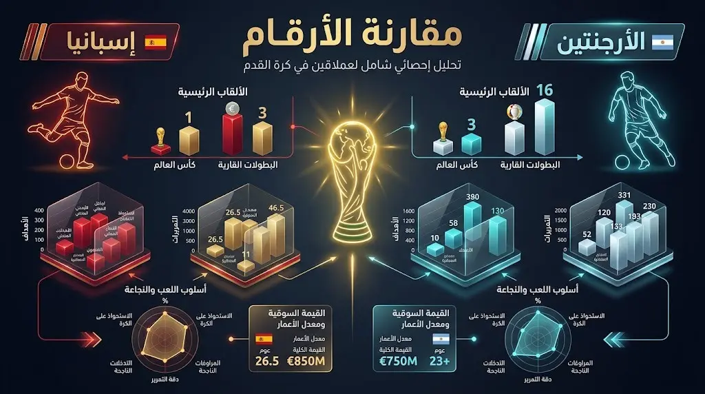 إنفوجرافيك بياني يعقد مقارنة رقمية دقيقة بين إحصائيات منتخبي إسبانيا والأرجنتين ونجومهما خلال مسيرتهما في البطولة