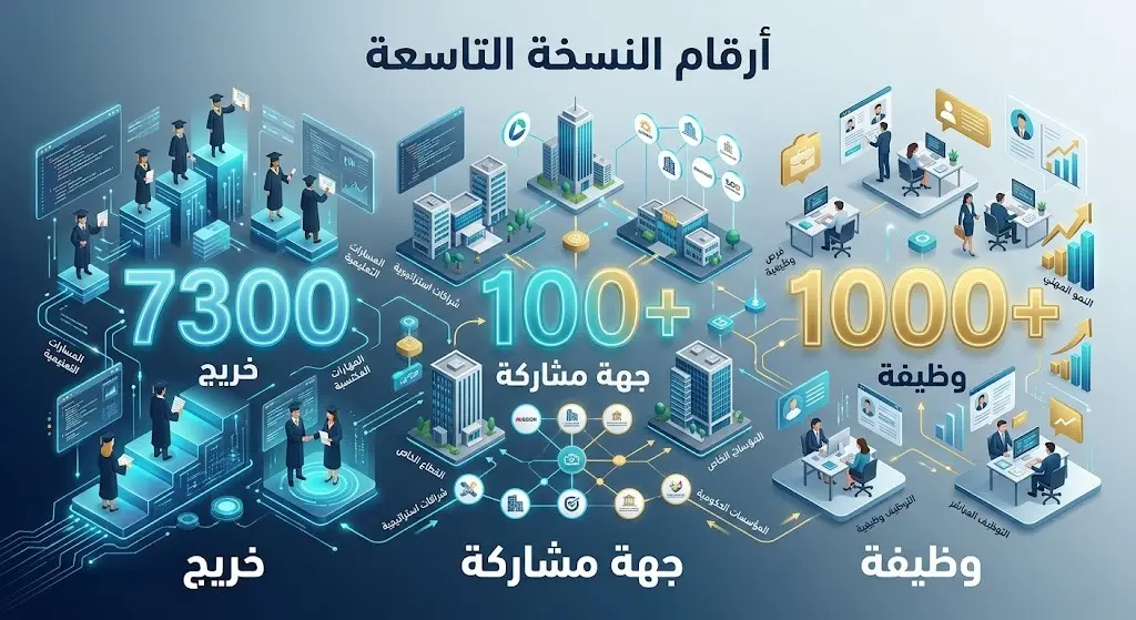 إنفوجرافيك بياني يبرز أرقام وتفاصيل النسخة التاسعة من برنامج طويق للتوظيف، موضحاً عدد الوظائف والجهات المشاركة.