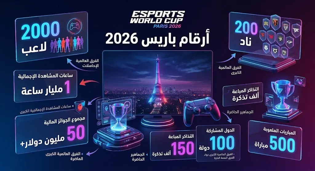 إنفوجرافيك بتصميم عصري وثلاثي الأبعاد يبرز إحصائيات منافسات باريس 2026، بما في ذلك أعداد اللاعبين والأندية والدول المشاركة.