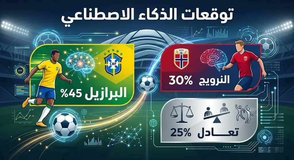 إنفوجرافيك يعرض نسب توقعات الذكاء الاصطناعي لفرص فوز البرازيل بنسبة 45% والنرويج بنسبة 30% مع فرصة تعادل بنسبة 25%.