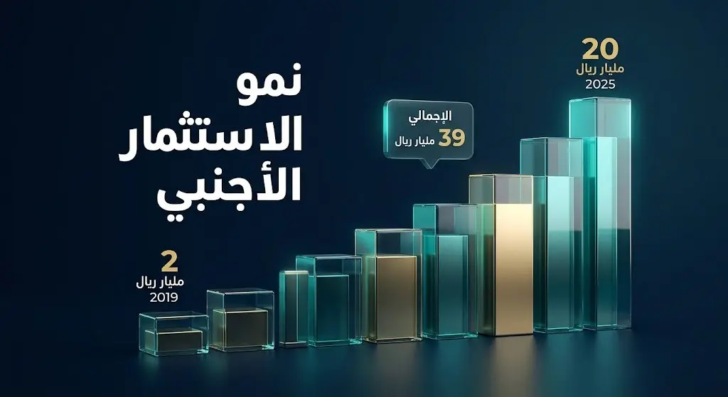 رسم بياني ثلاثي الأبعاد يوضح قفزة الاستثمارات الأجنبية في السعودية من أقل من ملياري ريال في 2019 إلى 20 مليار ريال في 2025.