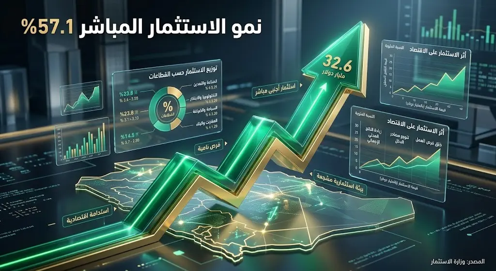 إنفوجرافيك مالي عصري يبرز نمو الاستثمار الأجنبي المباشر بنسبة 57.1% وتجاوزه حاجز 32.6 مليار دولار