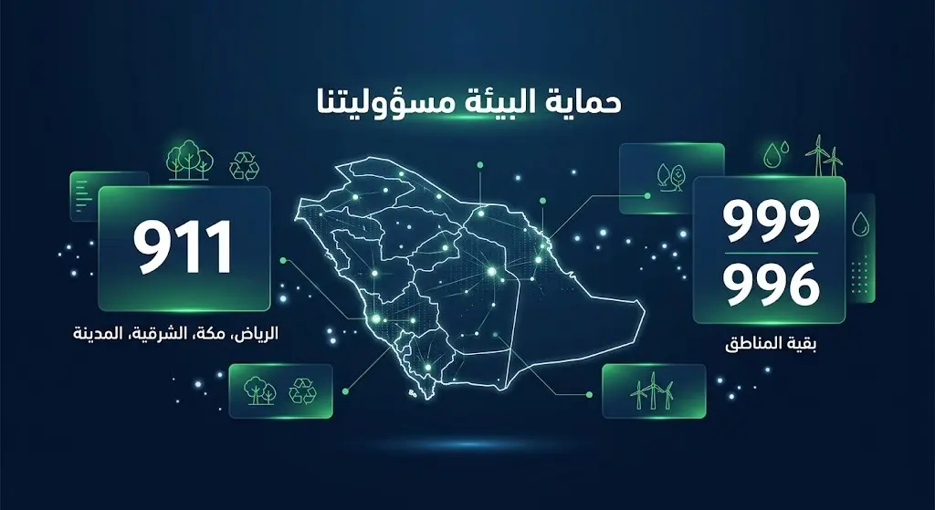 تصميم استرشادي يعرض أرقام الطوارئ المخصصة للإبلاغ عن المخالفات البيئية في مختلف مناطق المملكة العربية السعودية.