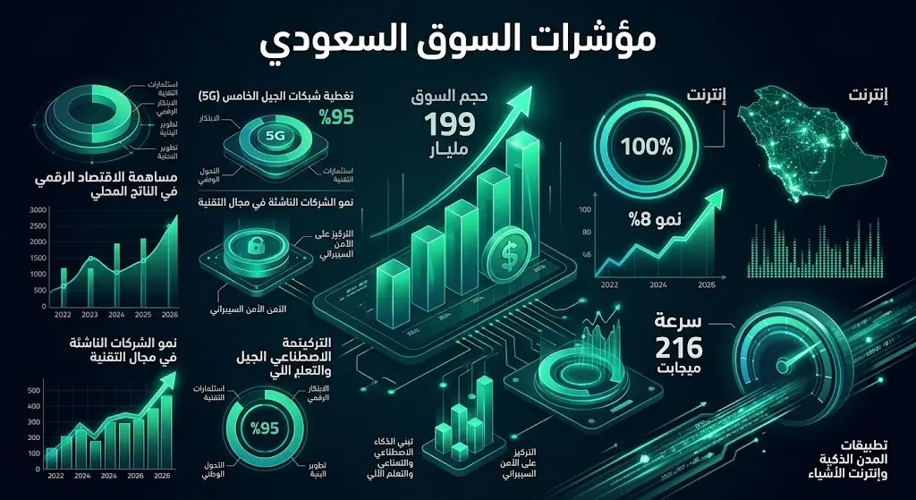 إنفوجرافيك يوضح بالأرقام والمؤشرات حجم ونمو سوق الاتصالات والتقنية في السعودية لعام 2026