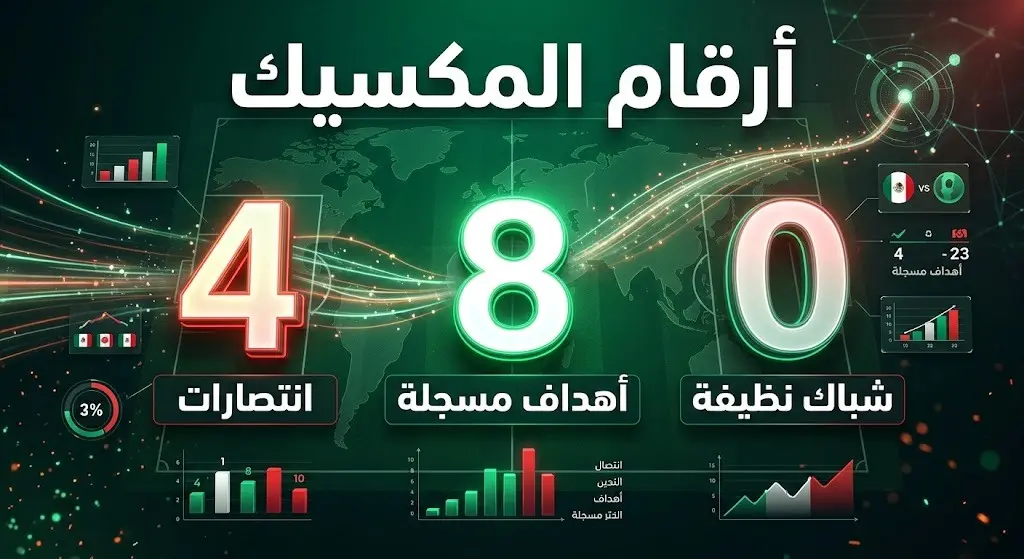 إنفوجرافيك رياضي يستعرض أرقام المنتخب المكسيكي في دور المجموعات، مبرزاً تحقيقه 4 انتصارات وتسجيله 8 أهداف بشباك نظيفة.
