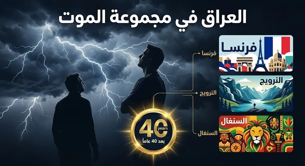 تصميم إنفوجرافيك يوضح مسيرة المنتخب العراقي في كأس العالم 2026 ومواجهاته الصعبة في مجموعة الموت بعد غياب 40 عاماً