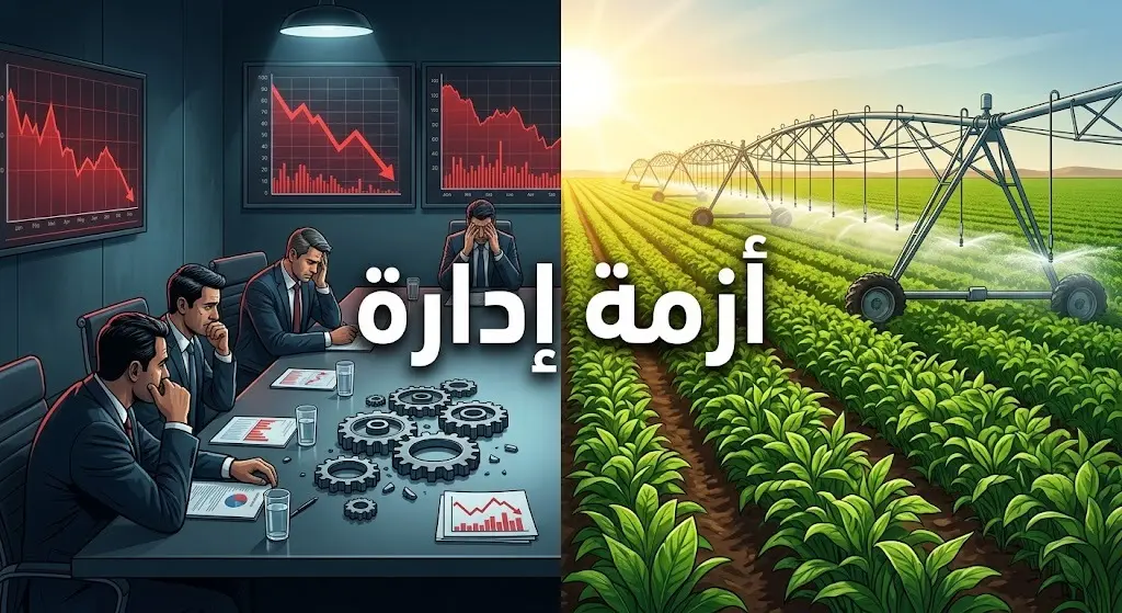 رسم تعبيري من شقين يوضح التباين بين ازدهار وحيوية الأراضي الزراعية وتراجع الأداء الإداري والمالي داخل المكاتب.