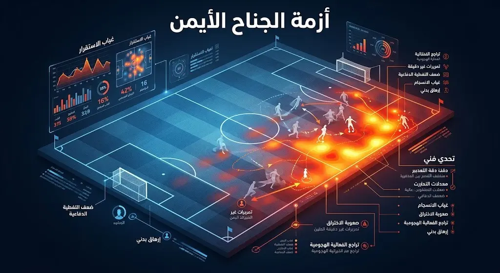 تصميم تحليلي يبرز منطقة الجناح الأيمن على ملعب كرة قدم لتوضيح أزمة غياب الاستقرار التكتيكي التي واجهت منتخب إنجلترا.