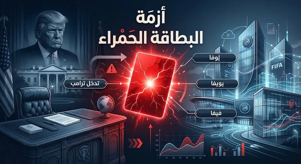 تصميم تعبيري يدمج بين بطاقة حمراء كروية ورموز سياسية أمريكية وأوروبية، يجسد أزمة التدخل في قرارات الفيفا.