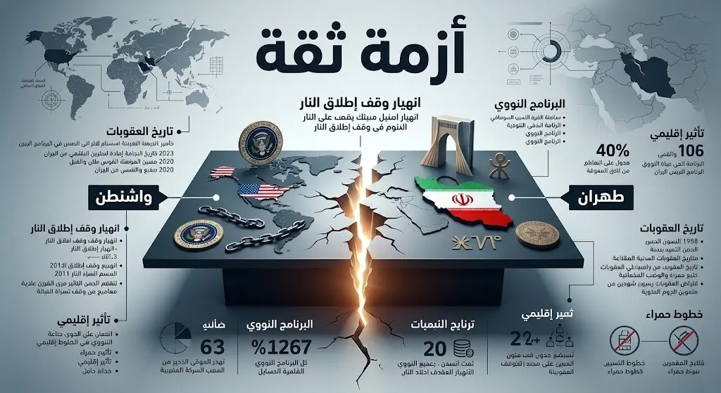 إنفوجرافيك وتصميم تعبيري يجسد انعدام الثقة في المفاوضات الأمريكية الإيرانية وتصدع مسار الحوار.
