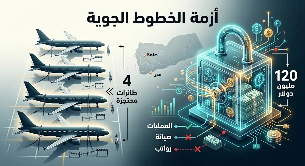 تصميم إنفوجرافيك يوضح أزمة طائرات الخطوط الجوية اليمنية المحتجزة والمبالغ المجمدة