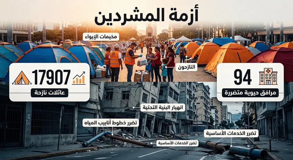 تصميم بياني يبرز أزمة تشريد الآلاف في فنزويلا والضغوط الهائلة على البنية التحتية ومراكز الإيواء المؤقتة.