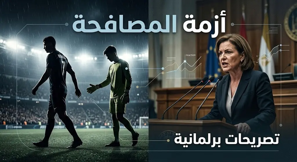 تصميم تحريري يدمج بين مشهد رفض مصافحة على أرض ملعب كرة قدم وصورة لسيناتورة تتحدث بصرامة خلف منصة برلمانية، مع نص عربي يوضح الأزمة.