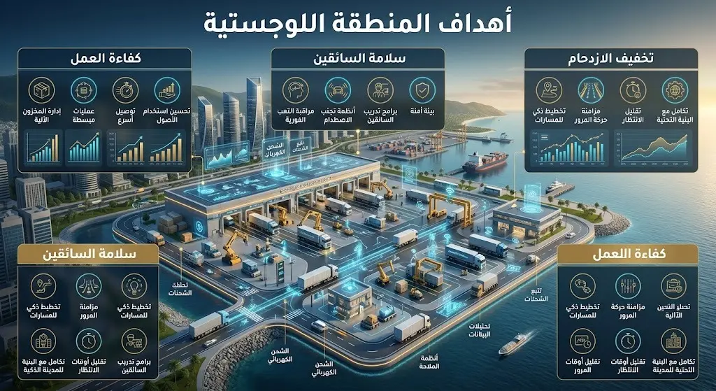 إنفوجرافيك ثلاثي الأبعاد يوضح تصميم منطقة تفويج الشاحنات في جدة مع لوحات بيانات تستعرض أهداف المشروع المتمثلة في كفاءة العمل وسلامة السائقين وتخفيف الازدحام.
