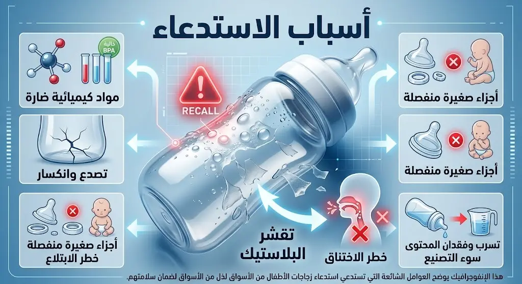 إنفوجرافيك يوضح رضاعة أطفال مع علامات تحذيرية تشير إلى تقشر الطبقة البلاستيكية الخارجية المسببة لخطر الاختناق.