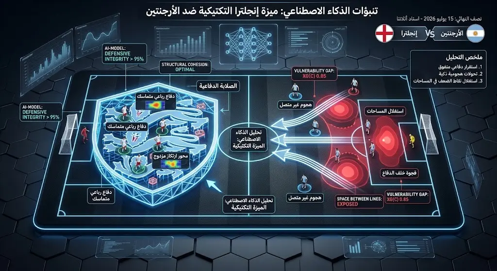 رسم تكتيكي ثلاثي الأبعاد يوضح الصلابة الدفاعية لإنجلترا والمساحات المتروكة في دفاع الأرجنتين