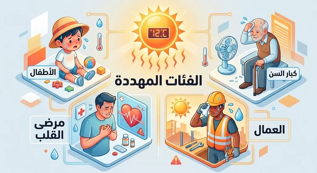 إنفوجرافيك يوضح الفئات الأكثر عرضة للإصابة بضربة الشمس كالأطفال وكبار السن والعمال والمرضى.