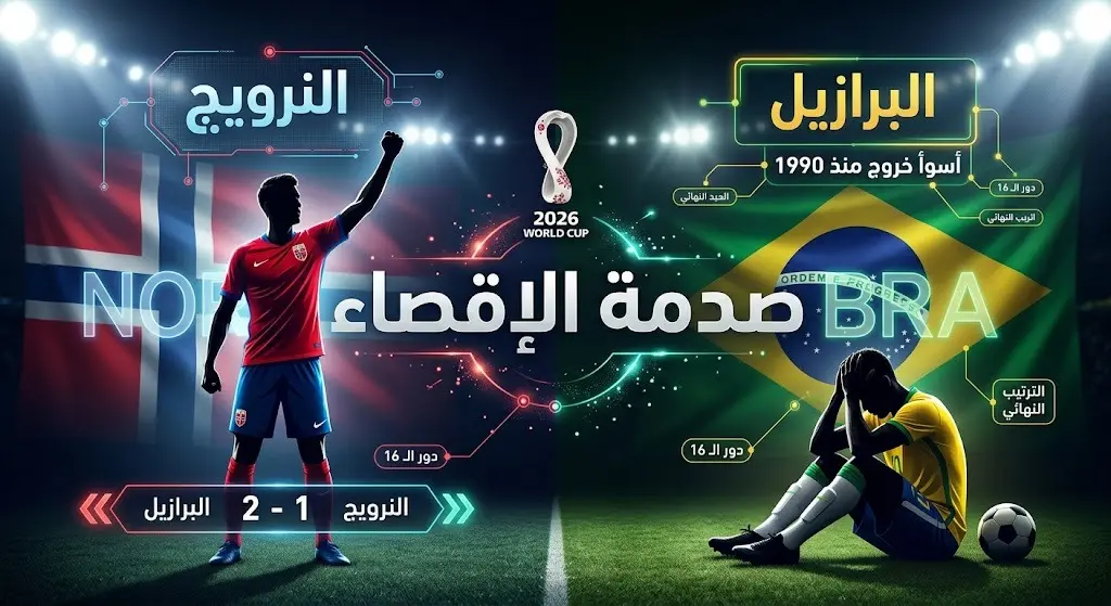 إنفوجرافيك وصورة تعبيرية تجسد إقصاء البرازيل التاريخي أمام النرويج بنتيجة 2-1، مع إبراز حالة الحزن وخيبة الأمل التي سيطرت على اللاعبين.