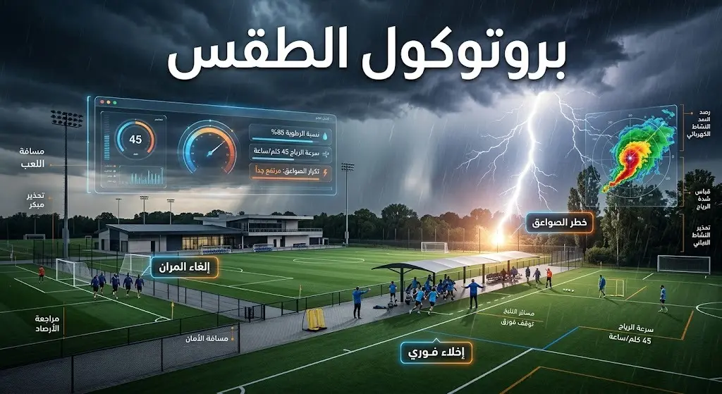 تصميم يدمج بين صورة لملعب تدريب تضربه صاعقة رعدية ورسوم بيانية توضح تفعيل بروتوكول السلامة وإلغاء تدريب منتخب إسبانيا.