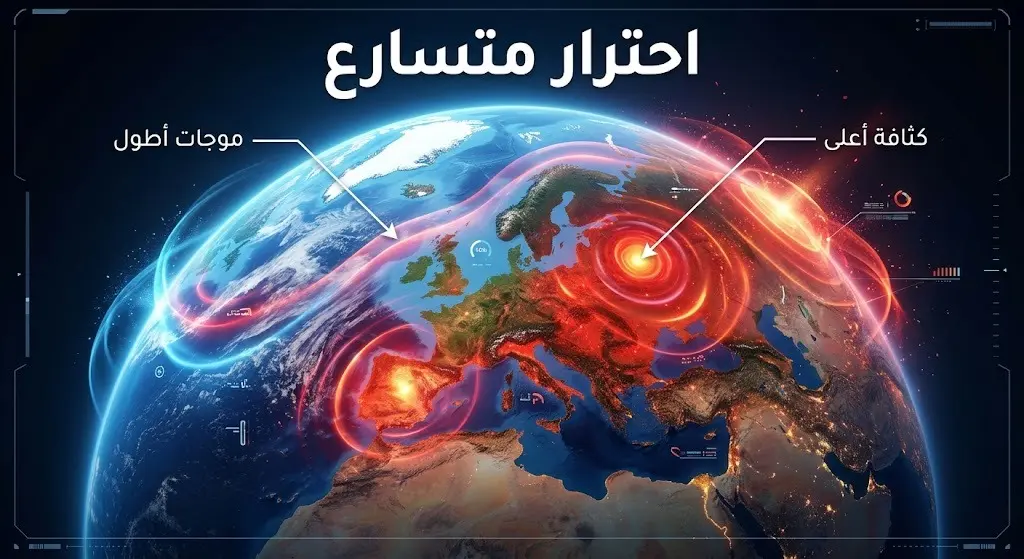 تصميم مفاهيمي يظهر الغلاف الجوي فوق أوروبا مع دوائر حرارية حمراء متسعة تعبيراً عن تزايد موجات الحر