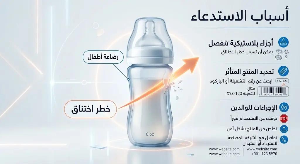 إنفوجرافيك يوضح أسباب استدعاء رضاعات الأطفال نيرش بسبب تقشر الغلاف البلاستيكي وخطر الاختناق
