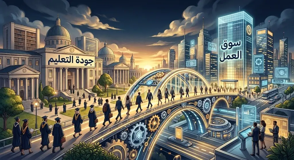 رسم تعبيري يجسد الترابط بين جودة المخرجات التعليمية واحتياجات سوق العمل الحديث.