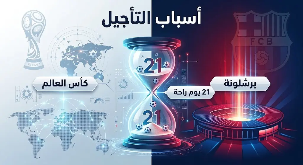 إنفوجرافيك تعبيري يوضح أسباب تأجيل مباريات برشلونة بسبب كأس العالم 2026 وقانون الراحة الإجبارية للاعبين.